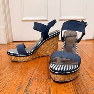 Charles by Charles David Navy Blue & Straw High Heel Platform Wedge Sandal
